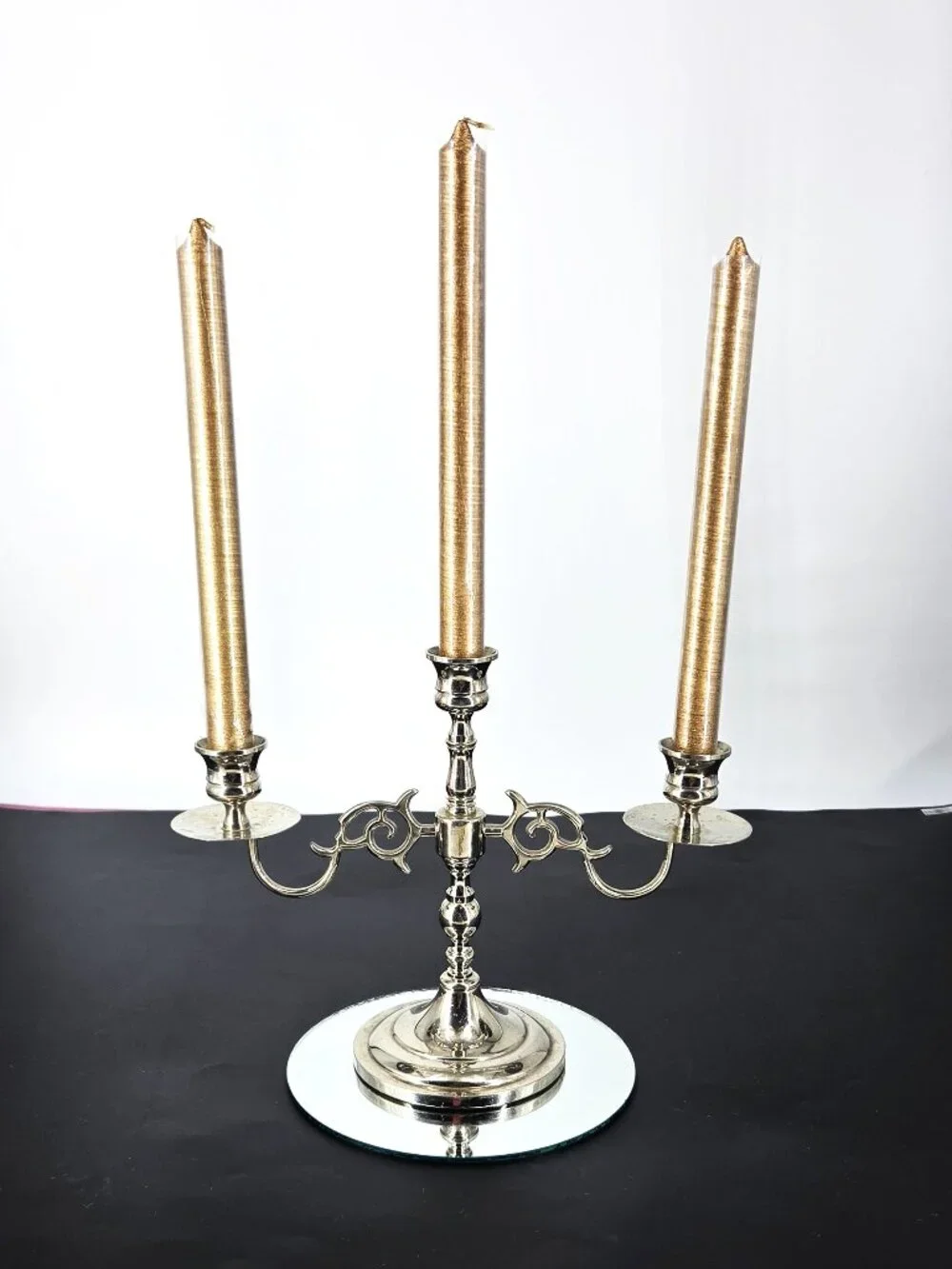 Vintage Silver Metal Ornate Scrollwork 3 Arm Candelabra Taper Candles Weighted